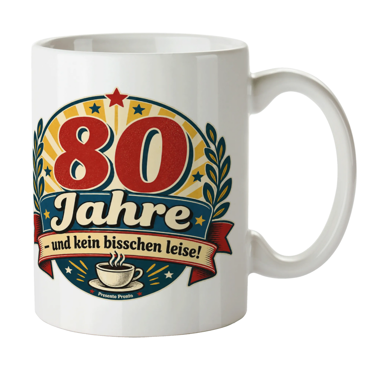 Lustige Tasse zum 80. Geburtstag mit Retro-Abzeichen|p:2017001|h:51595e90b8716773db5c96b5c228d982