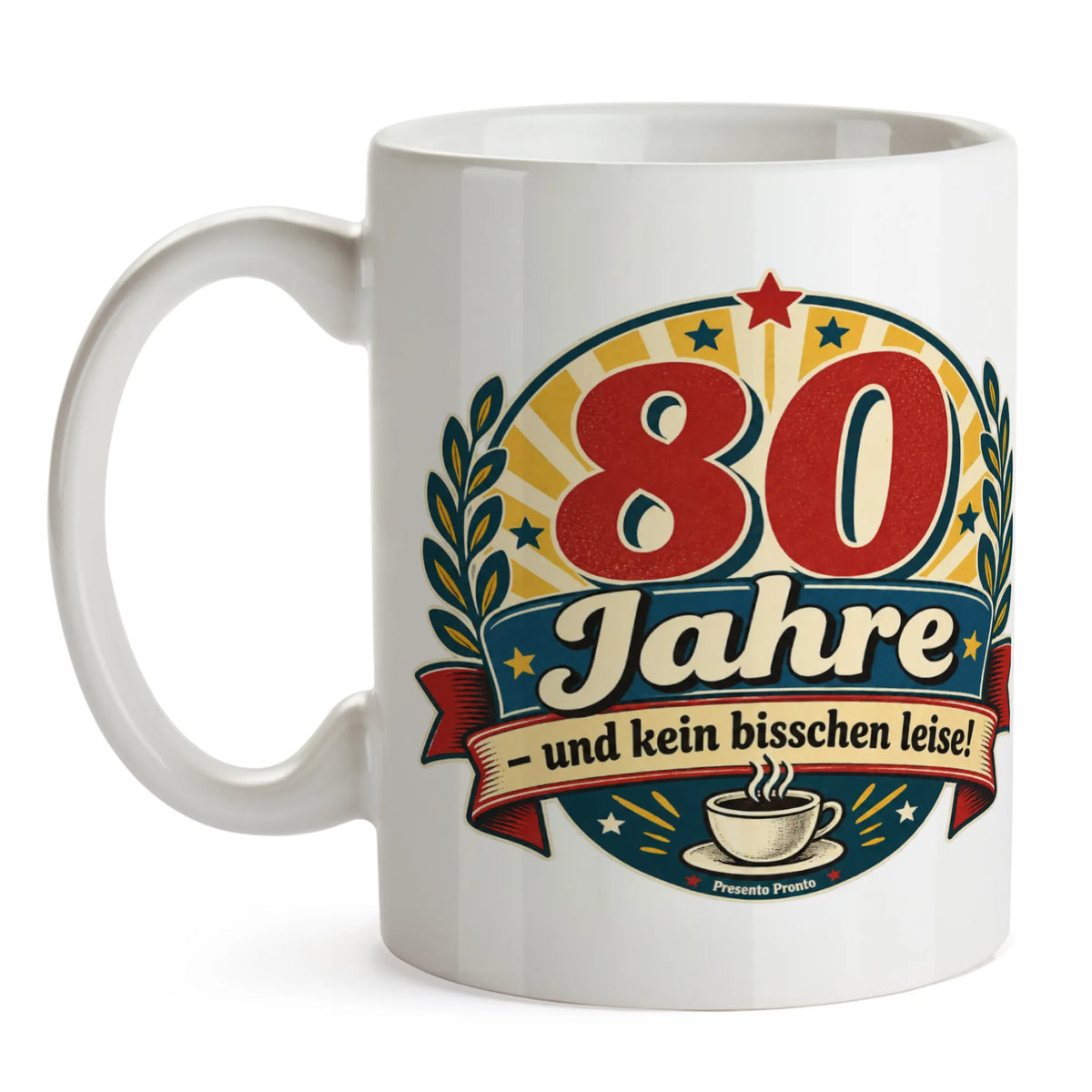 Lustige Tasse zum 80. Geburtstag mit Retro-Abzeichen|p:2017001|h:f97f5c6233a4ce4c4fcb5c2dd35fede6