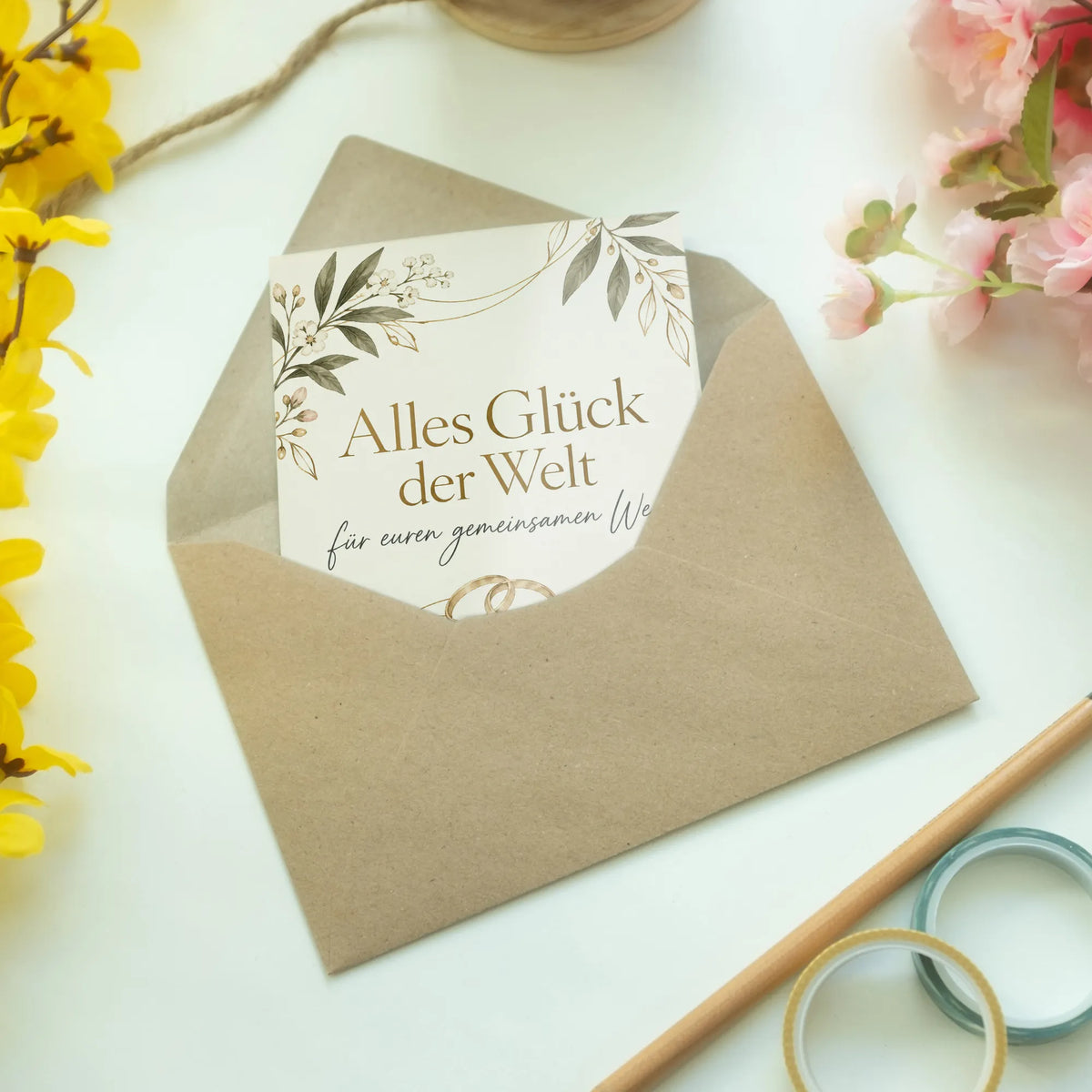 Elegante Glückwunschkarte zur Hochzeit mit Ringen