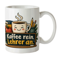 Lustige Tasse für Lehrer mit Kaffee und Apfel