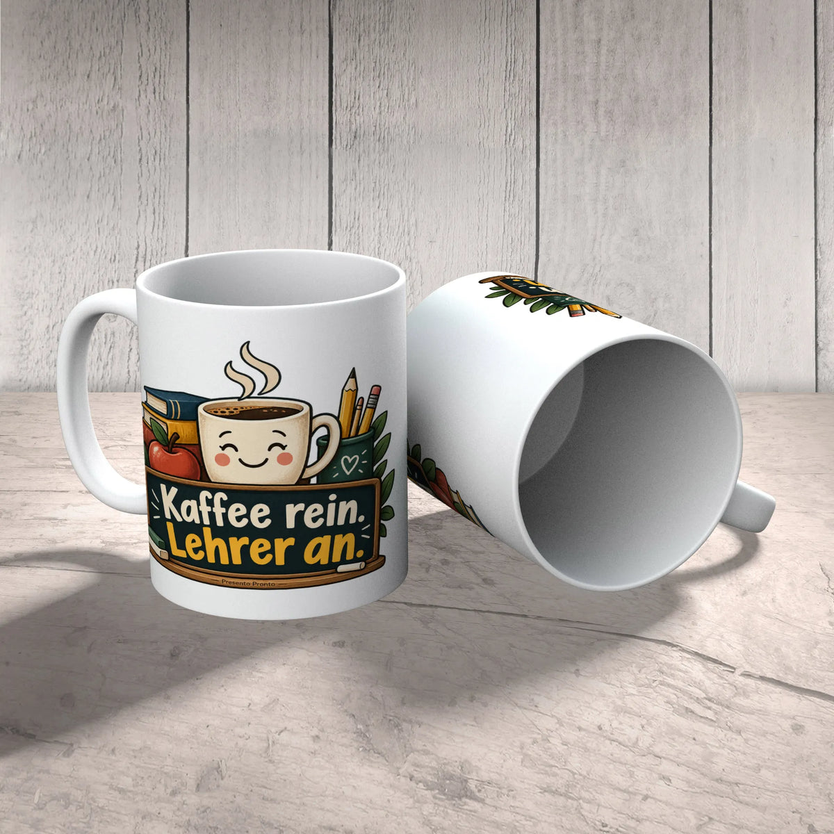 Lustige Tasse für Lehrer mit Kaffee und Apfel