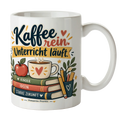 Lustige Tasse für Lehrerinnen mit Bücherstapel und Kaffee