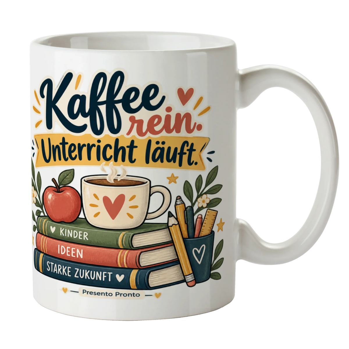 Lustige Tasse für Lehrerinnen mit Bücherstapel und Kaffee