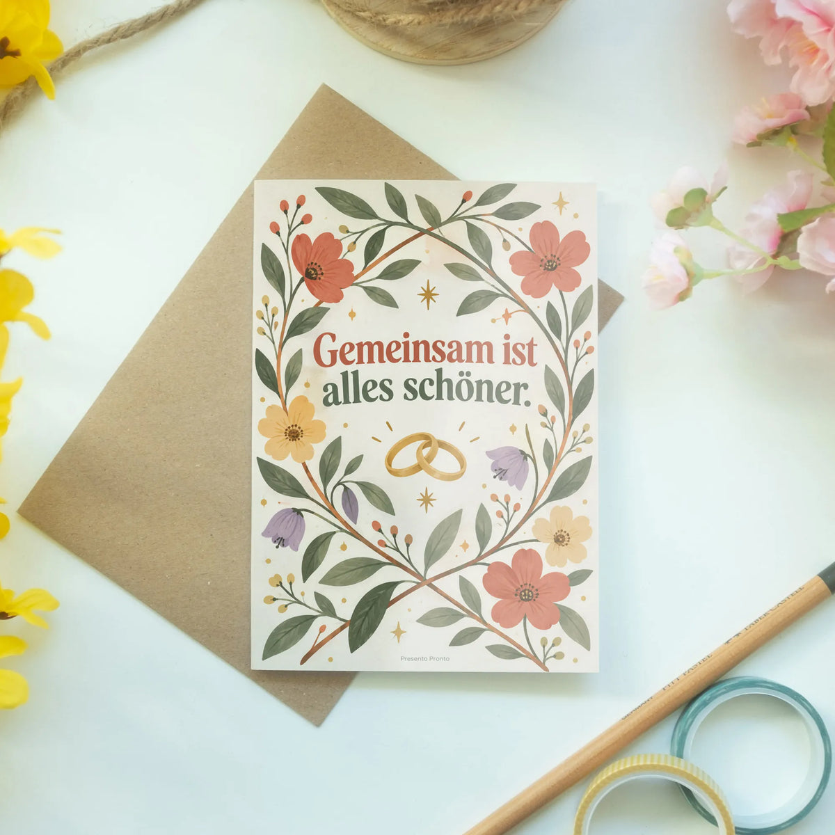 Fröhliche Glückwunschkarte zur Hochzeit mit Ringen