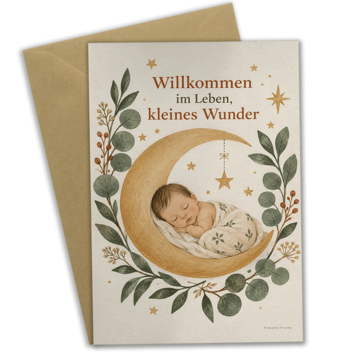 Zarte Glückwunschkarte zur Geburt mit Baby im Mond