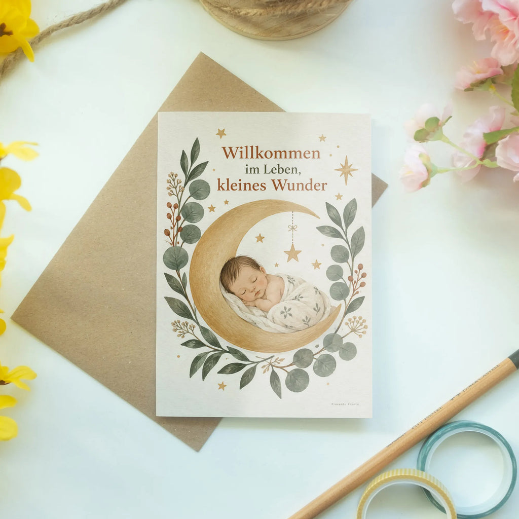 Zarte Glückwunschkarte zur Geburt mit Baby im Mond|p:2017026|h:919487ea4d432207084b0741c16c7330