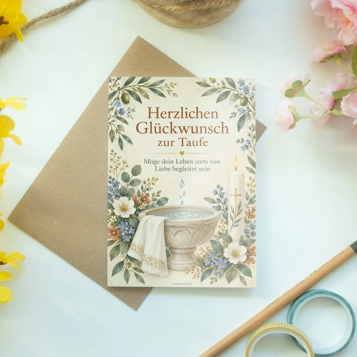 Elegante Glückwunschkarte zur Taufe mit Olivenzweigen