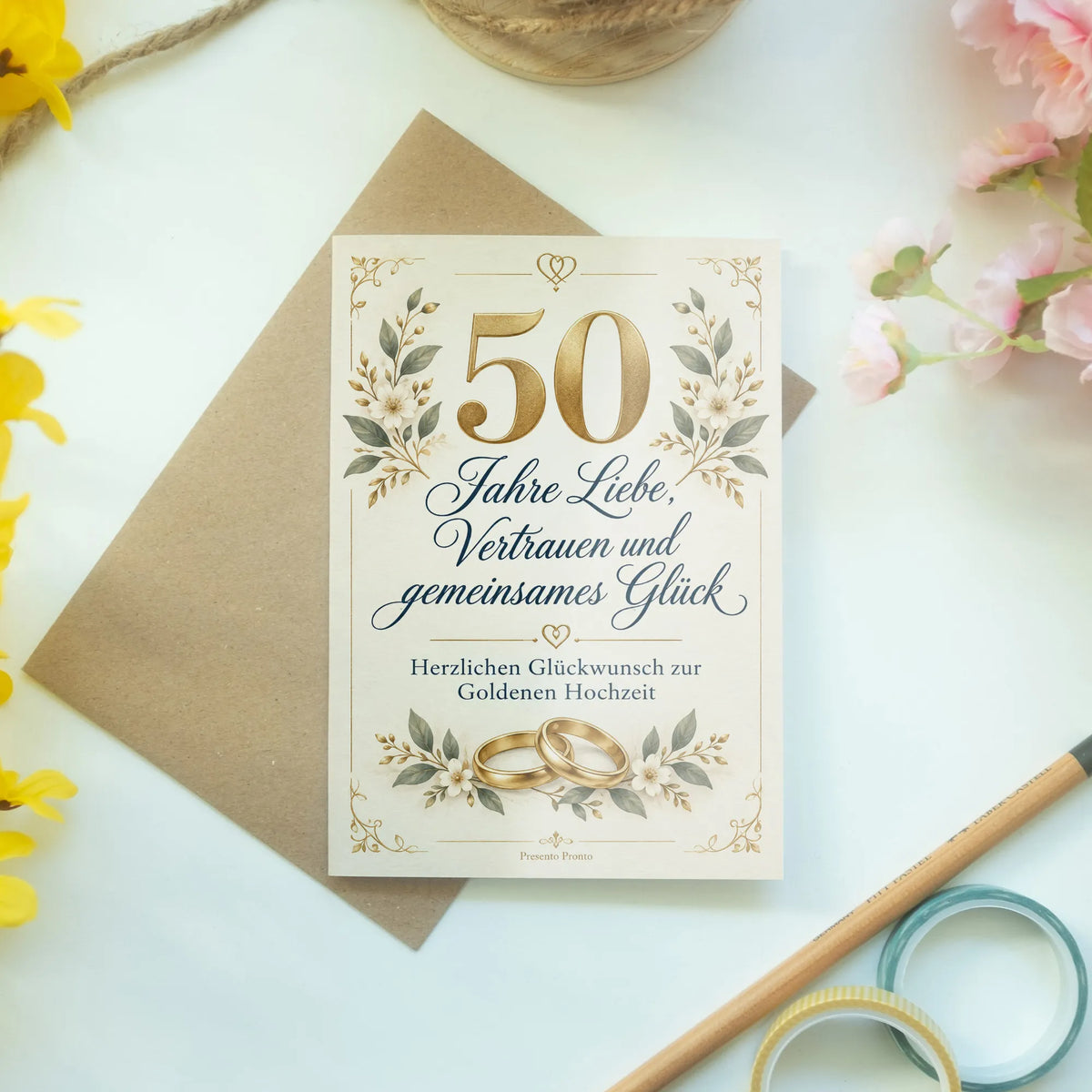 Elegante Glückwunschkarte zur Goldenen Hochzeit mit goldener 50