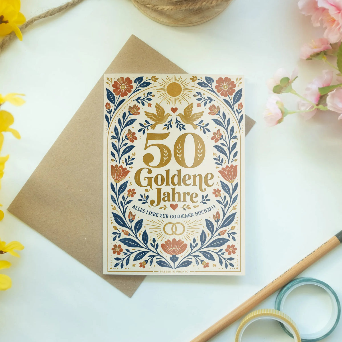 Fröhliche Glückwunschkarte zur Goldenen Hochzeit mit Blumenbogen