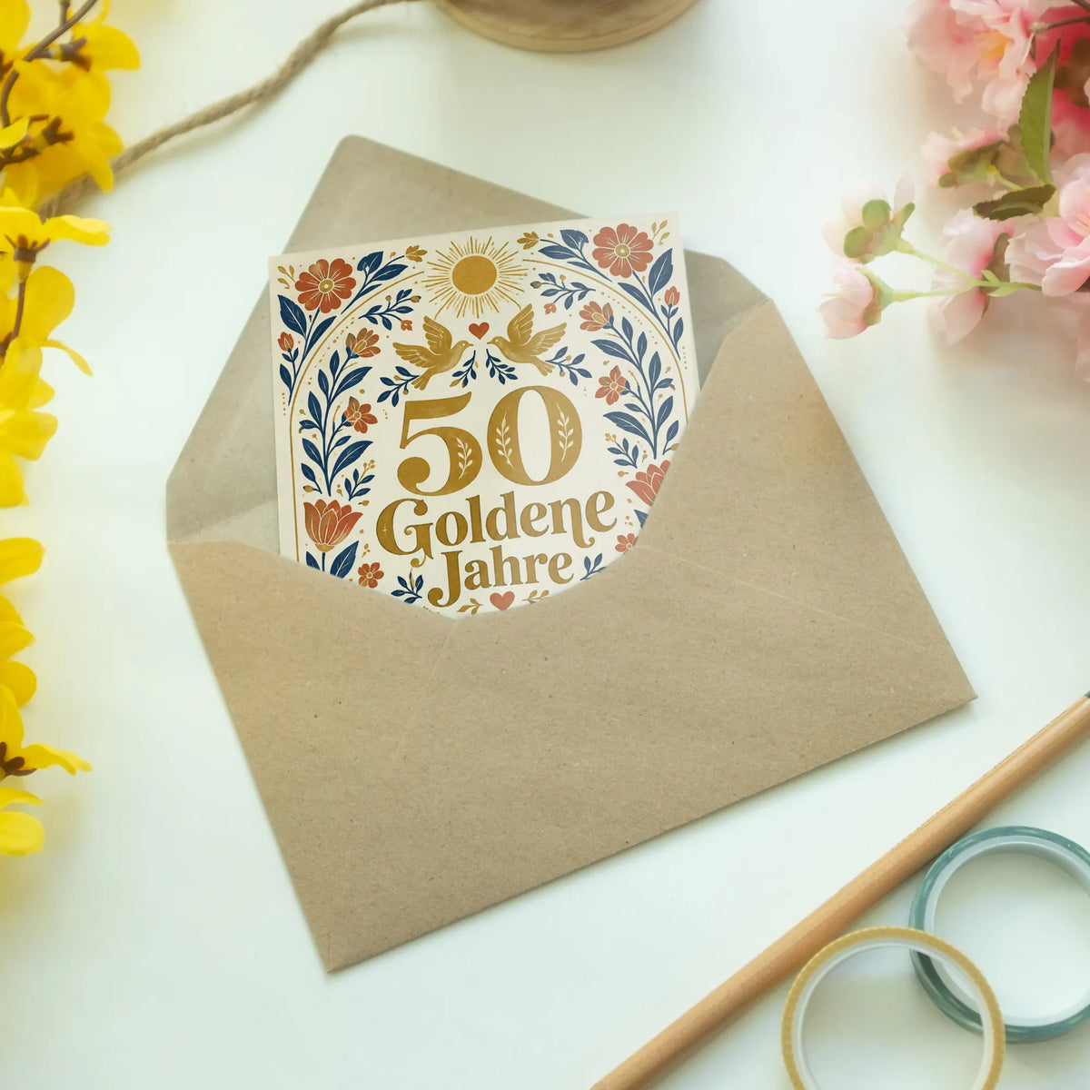 Fröhliche Glückwunschkarte zur Goldenen Hochzeit mit Blumenbogen