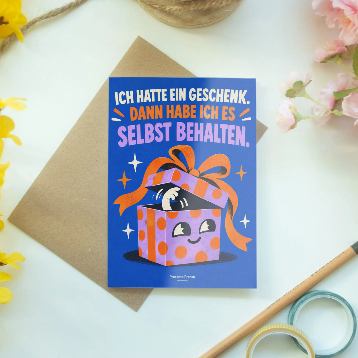 Lustige Grußkarte für Freunde mit Geschenkkarton