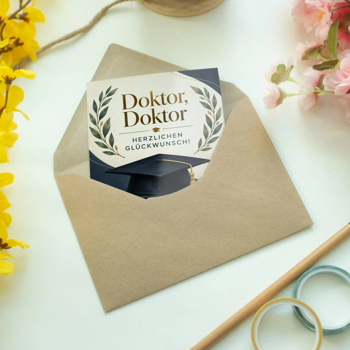 Elegante Glückwunschkarte zum Doktortitel mit Doktorhut