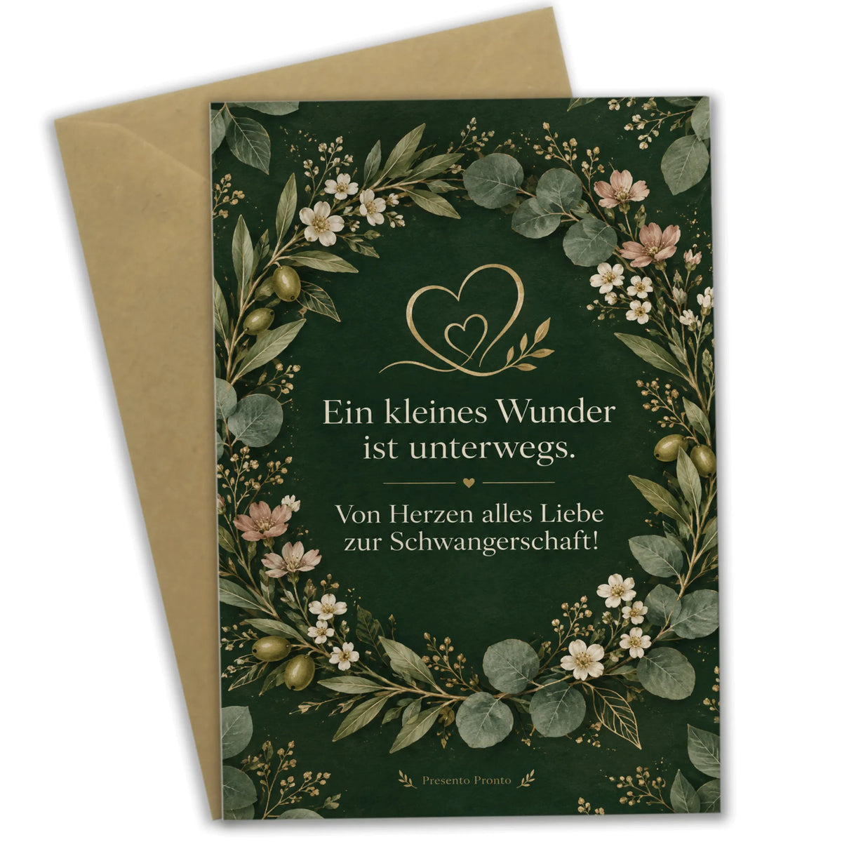 Liebevolle Glückwunschkarte zur Schwangerschaft mit Blumenkranz