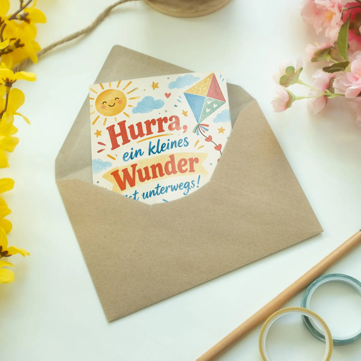 Fröhliche Glückwunschkarte zur Schwangerschaft mit Papierdrachen
