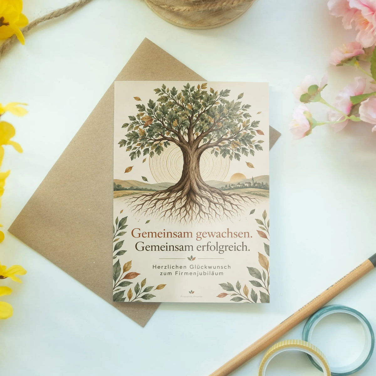Herzliche Glückwunschkarte zum Firmenjubiläum mit blühendem Baum