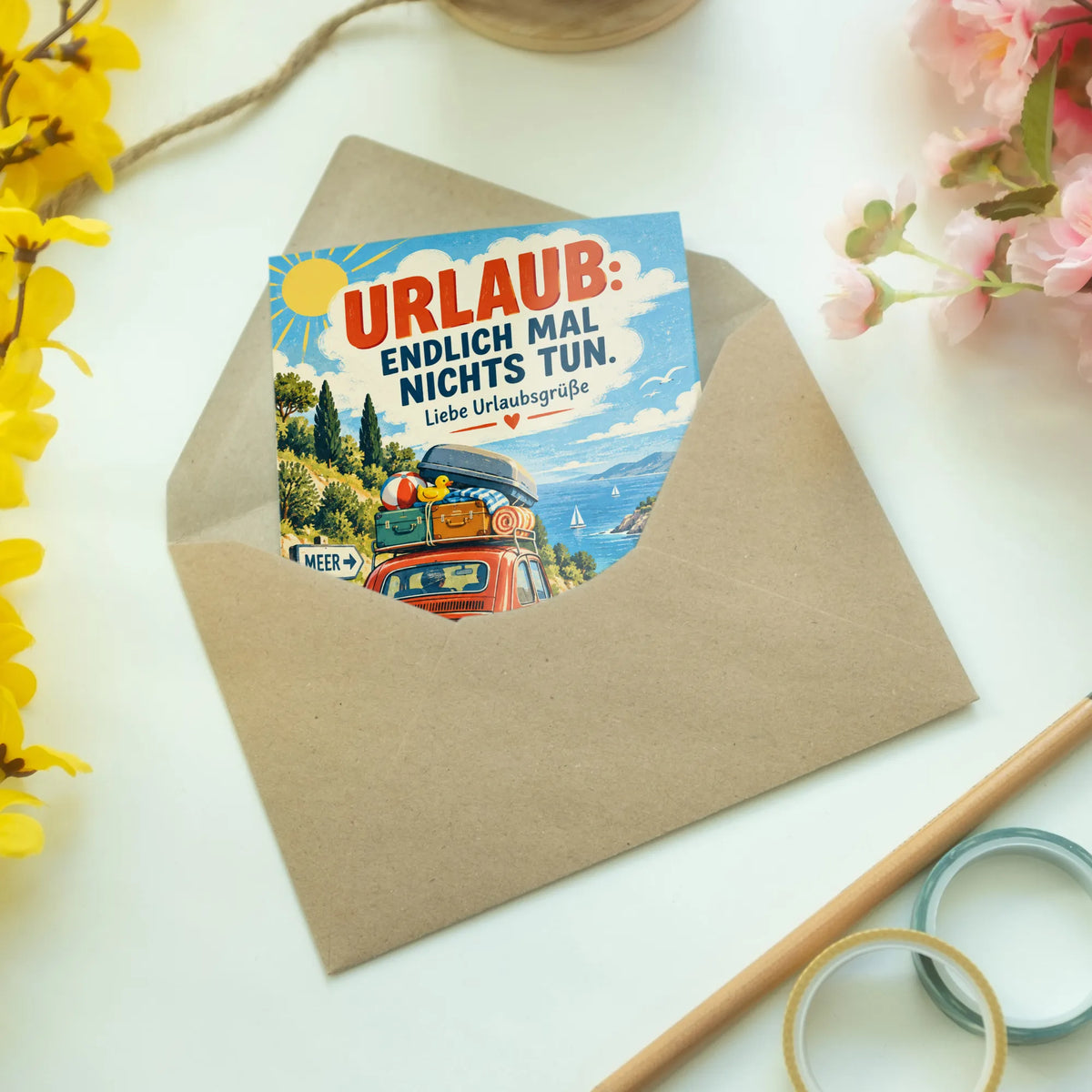 Lustige Grußkarte zum Urlaub mit vollgepacktem Oldtimer