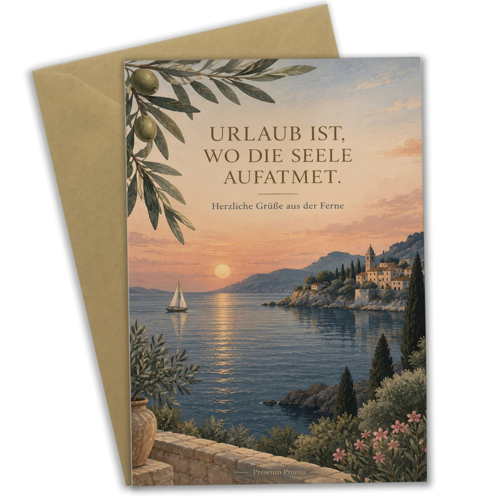 Elegante Grußkarte zum Urlaub mit mediterraner Bucht bei Dämmerung|p:2017118|h:c93027a6b6bd1b8e432366f7ff39c80f