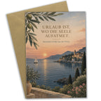 Elegante Grußkarte zum Urlaub mit mediterraner Bucht bei Dämmerung|p:2017118|h:c93027a6b6bd1b8e432366f7ff39c80f