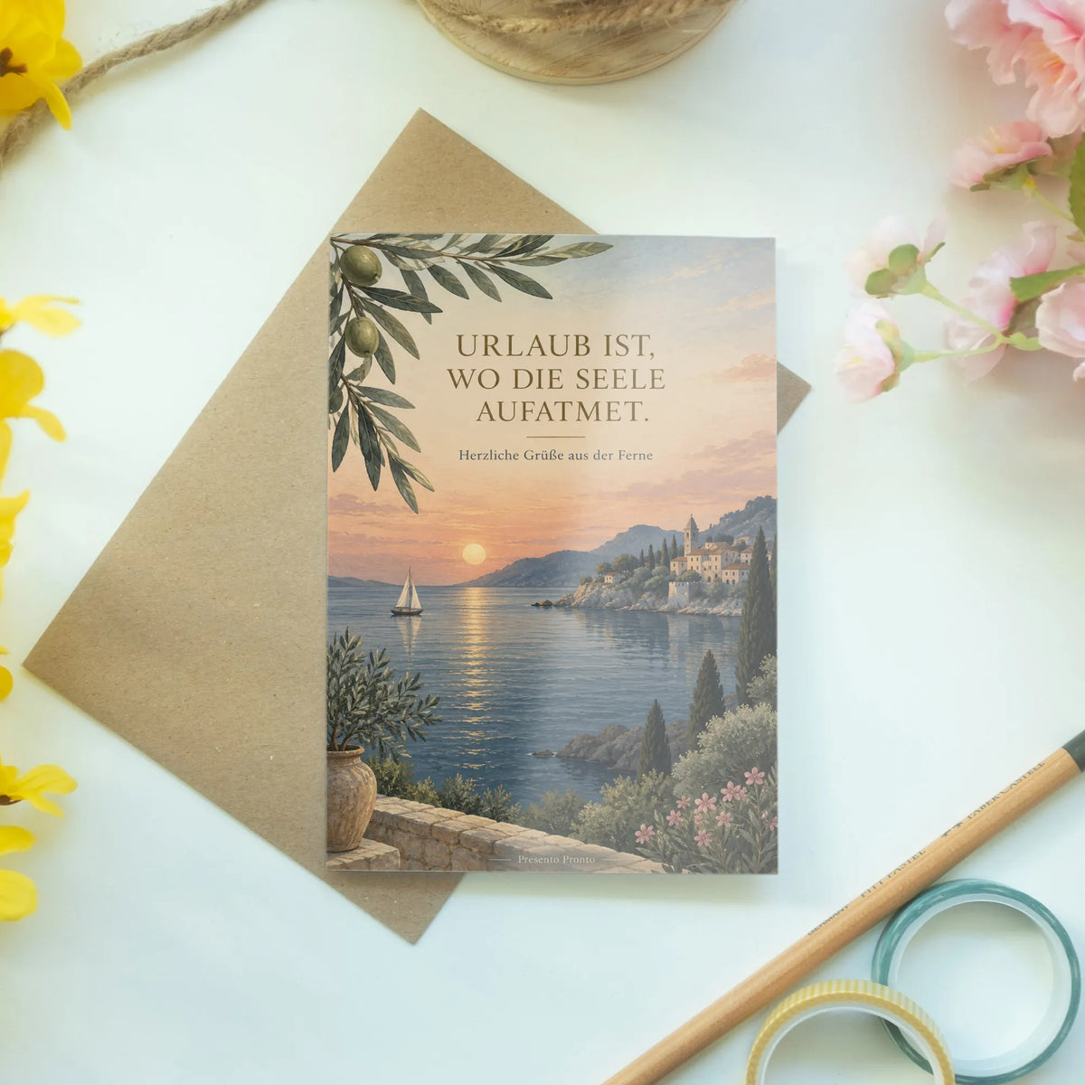 Elegante Grußkarte zum Urlaub mit mediterraner Bucht bei Dämmerung