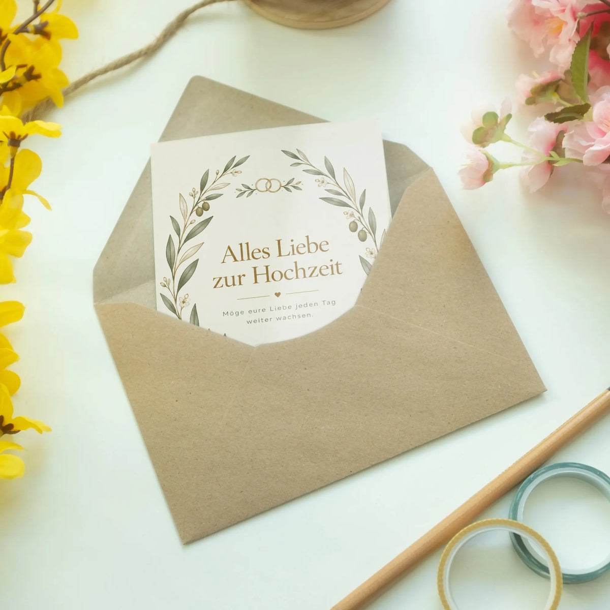 Elegante Glückwunschkarte zur Hochzeit mit Olivenzweigen