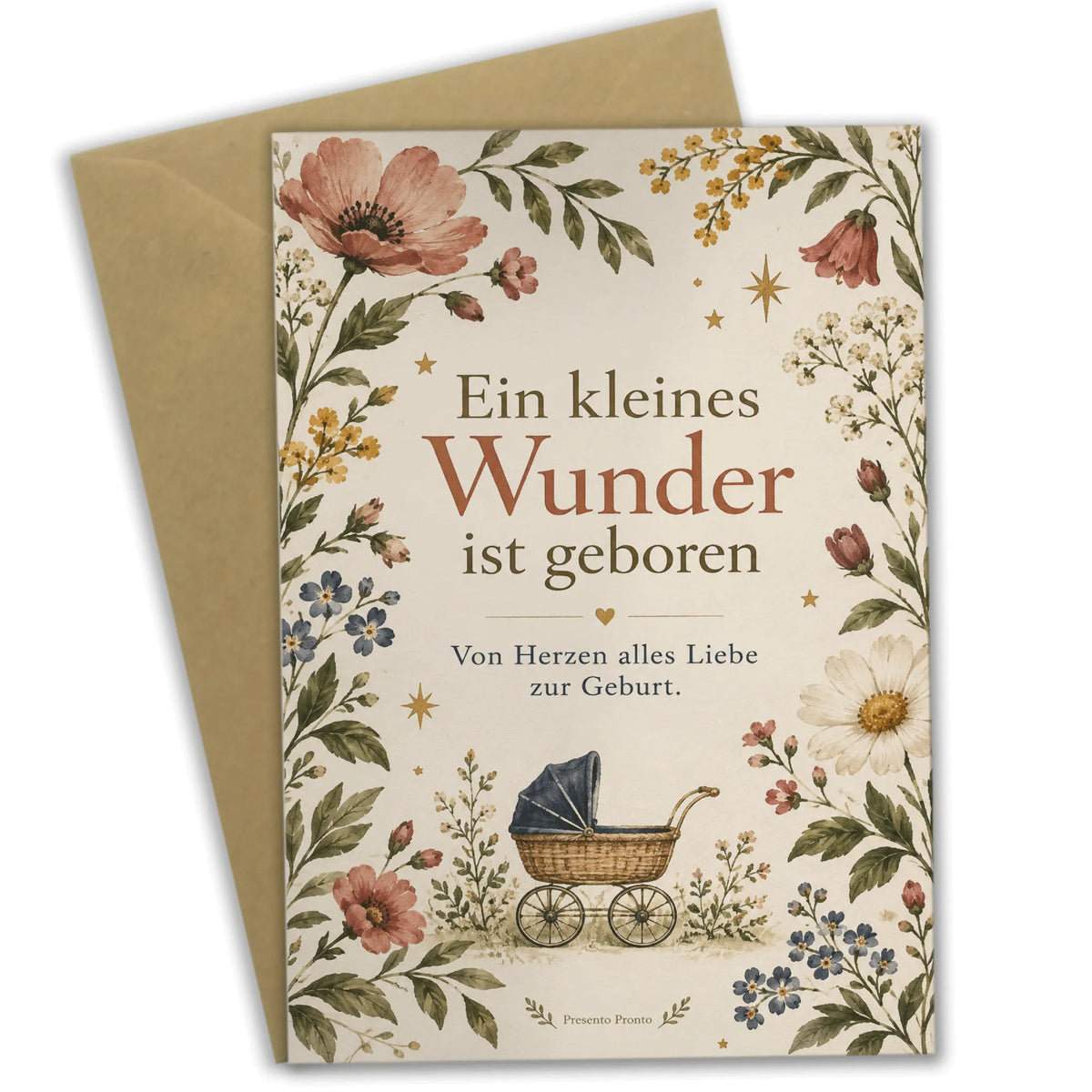 Elegante Glückwunschkarte zur Geburt mit Kinderwagen und Wildblumen