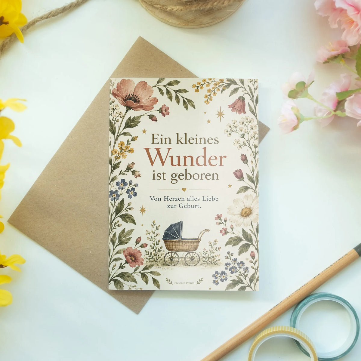 Elegante Glückwunschkarte zur Geburt mit Kinderwagen und Wildblumen