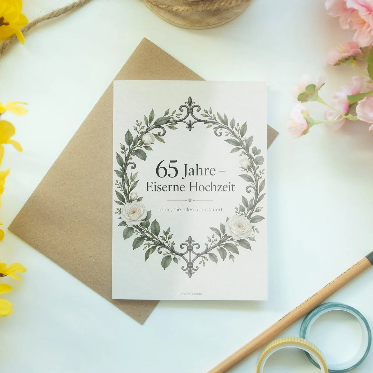Elegante Glückwunschkarte zur Eisernen Hochzeit mit Rosenkranz