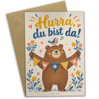 Fröhliche Glückwunschkarte zur Geburt mit Bär|p:2017148|h:228caa5ae2e2a2babb50aec531dcbd00