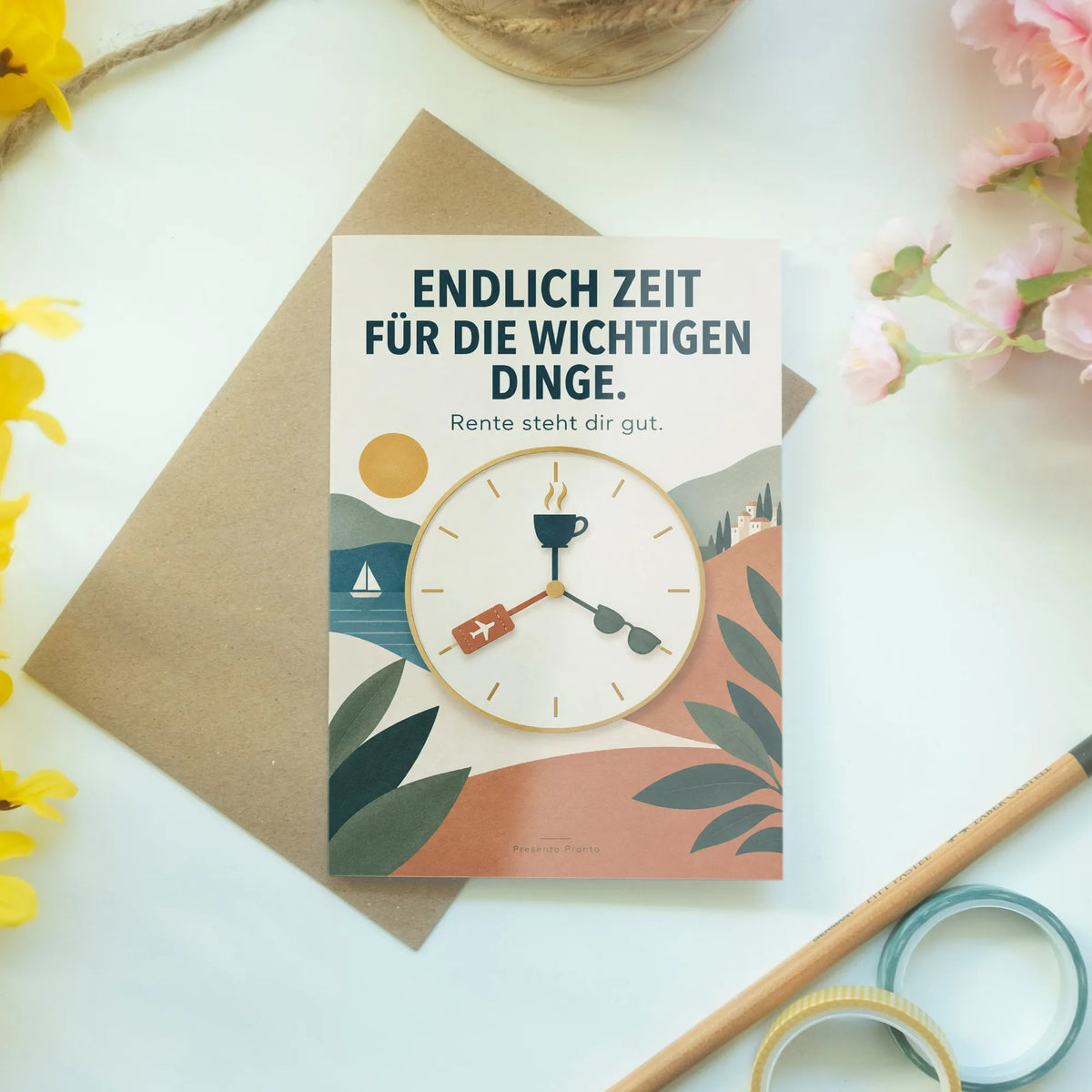 Elegante Grußkarte zur Rente mit Uhr für schöne Stunden