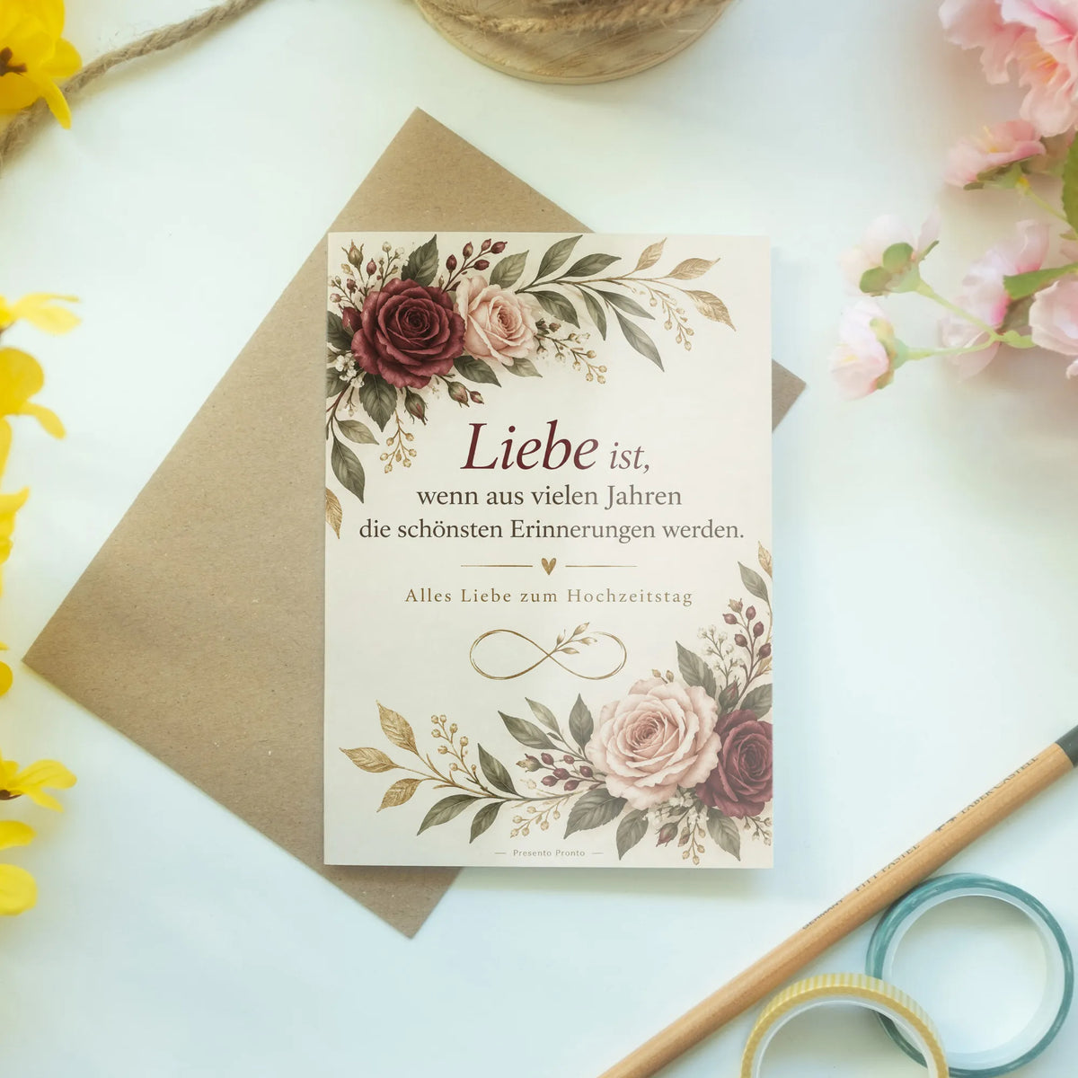 Elegante Grußkarte zum Hochzeitstag mit Rosenblüten