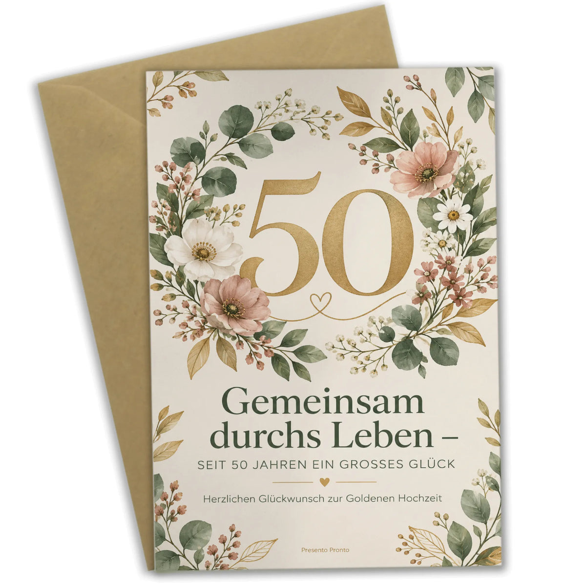 Herzliche Glückwunschkarte zur Goldenen Hochzeit mit Blumenkranz