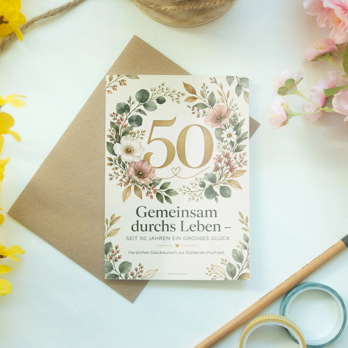 Herzliche Glückwunschkarte zur Goldenen Hochzeit mit Blumenkranz