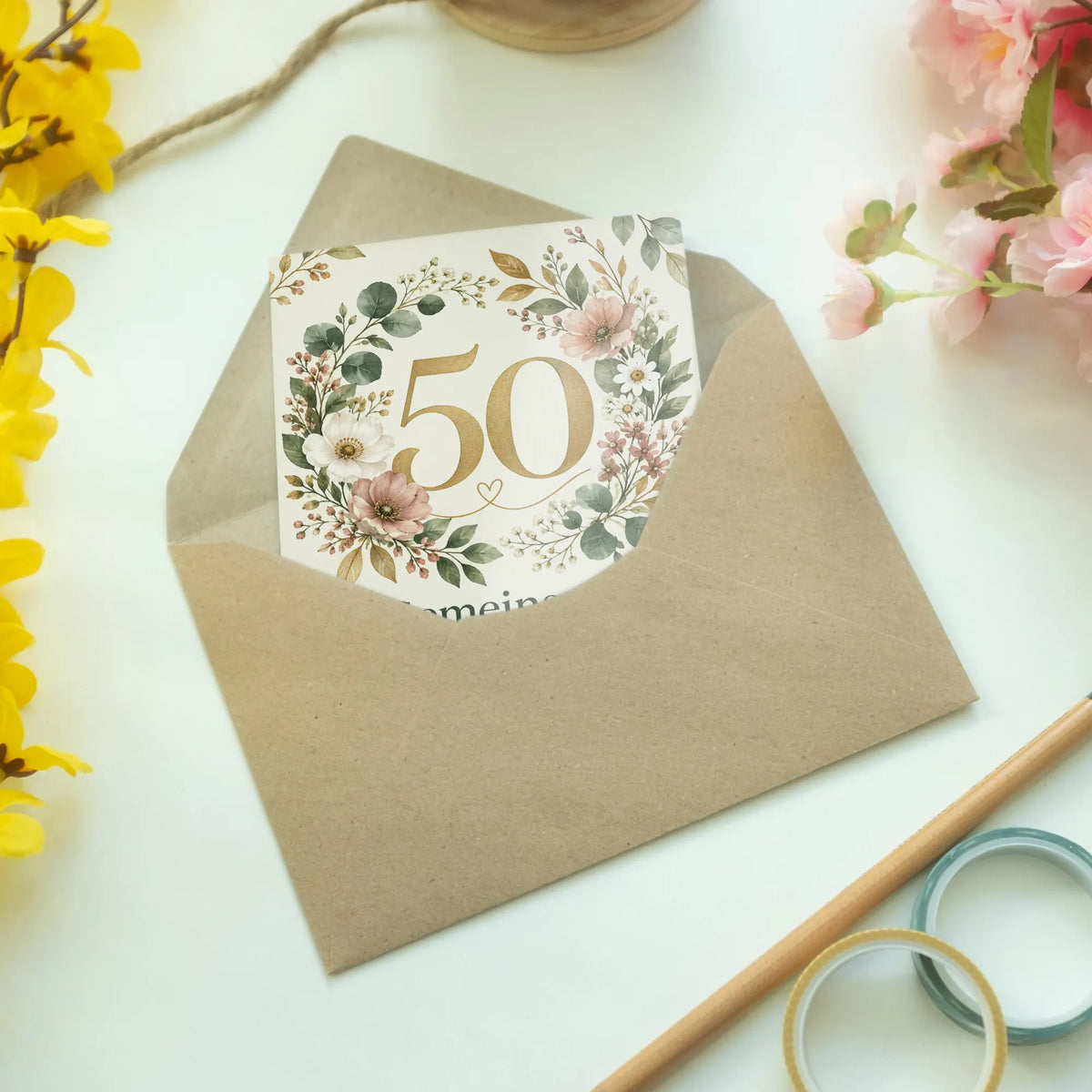 Herzliche Glückwunschkarte zur Goldenen Hochzeit mit Blumenkranz