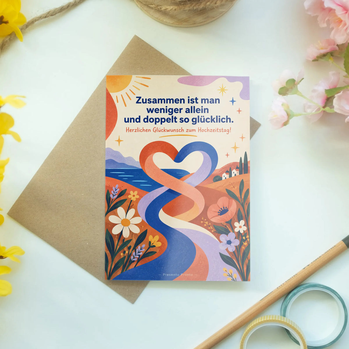 Herzliche Grußkarte zum Hochzeitstag mit bunten Bändern