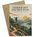 Herzliche Grußkarte zur Rente mit Berglandschaft bei Sonnenaufgang