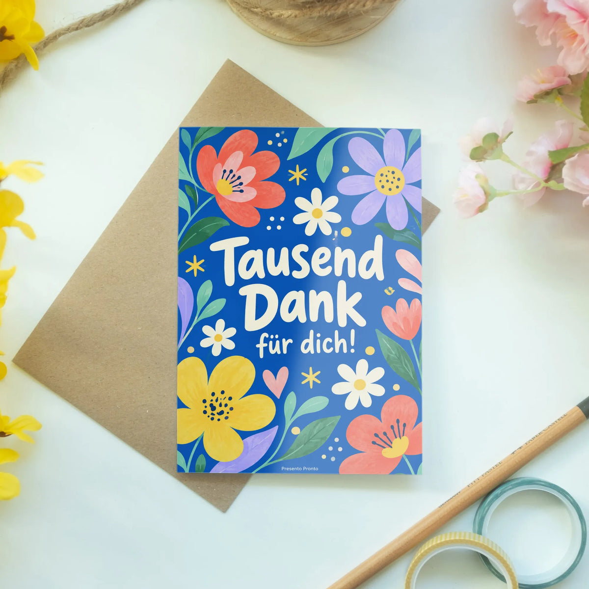 Fröhliche Klappkarte zum Danke sagen mit Blumen