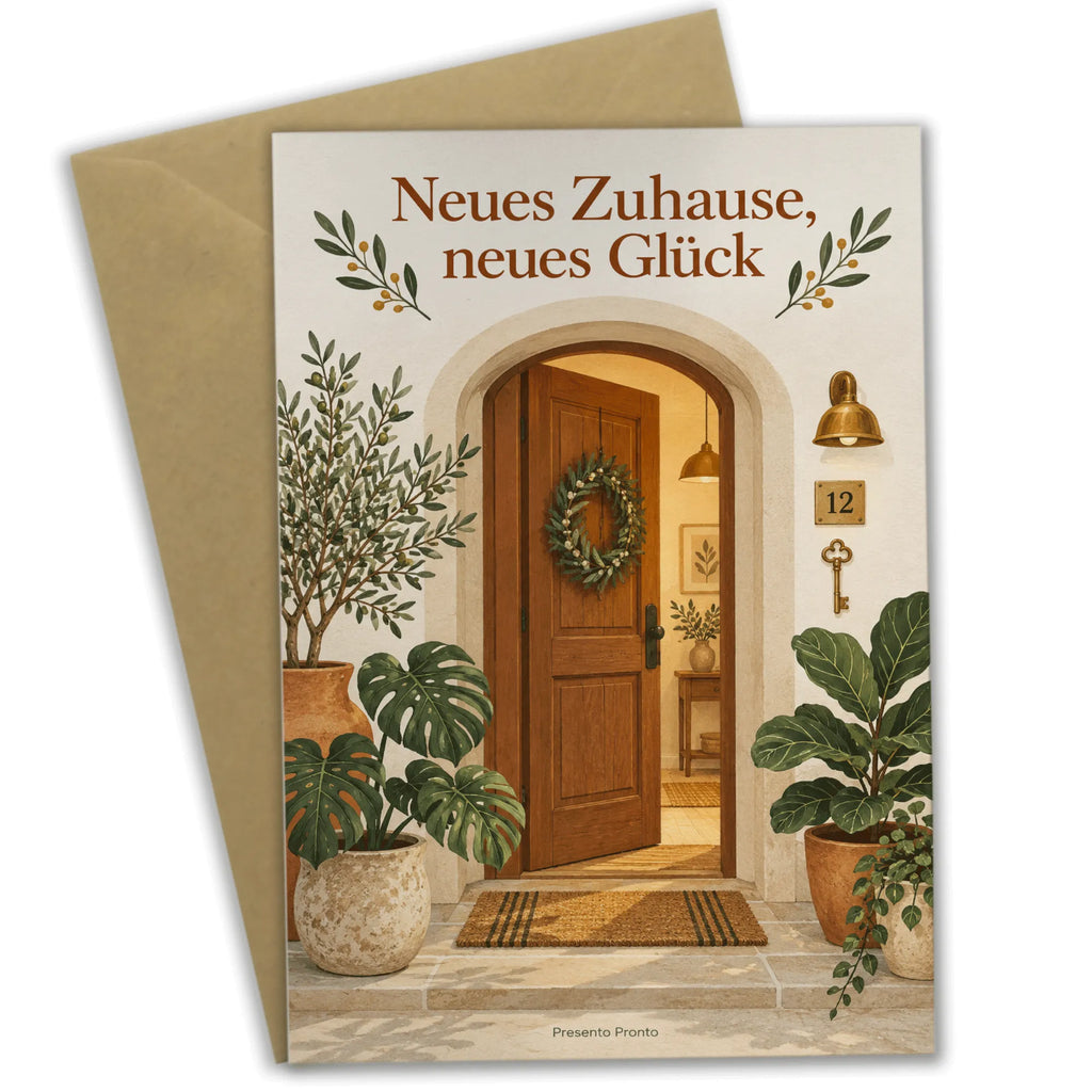Herzliche Glückwunschkarte zum Einzug mit geöffneter Holztür|p:2017187|h:552b257122235e3ee73c03d387dc00b7