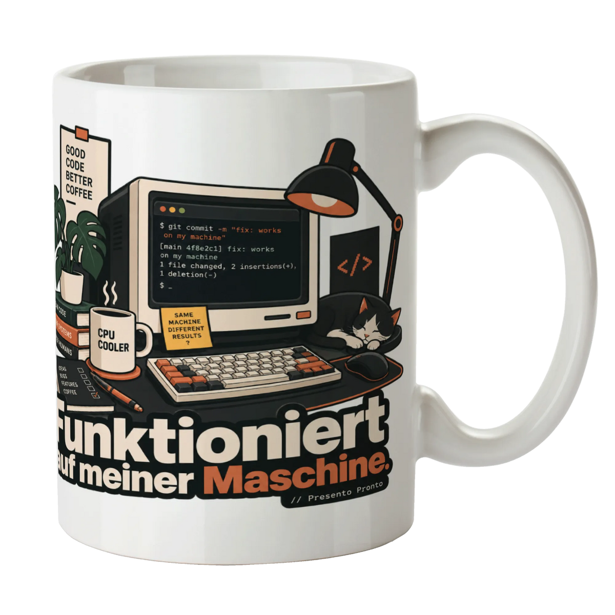 Lustige Tasse für Informatiker mit Code und Espresso