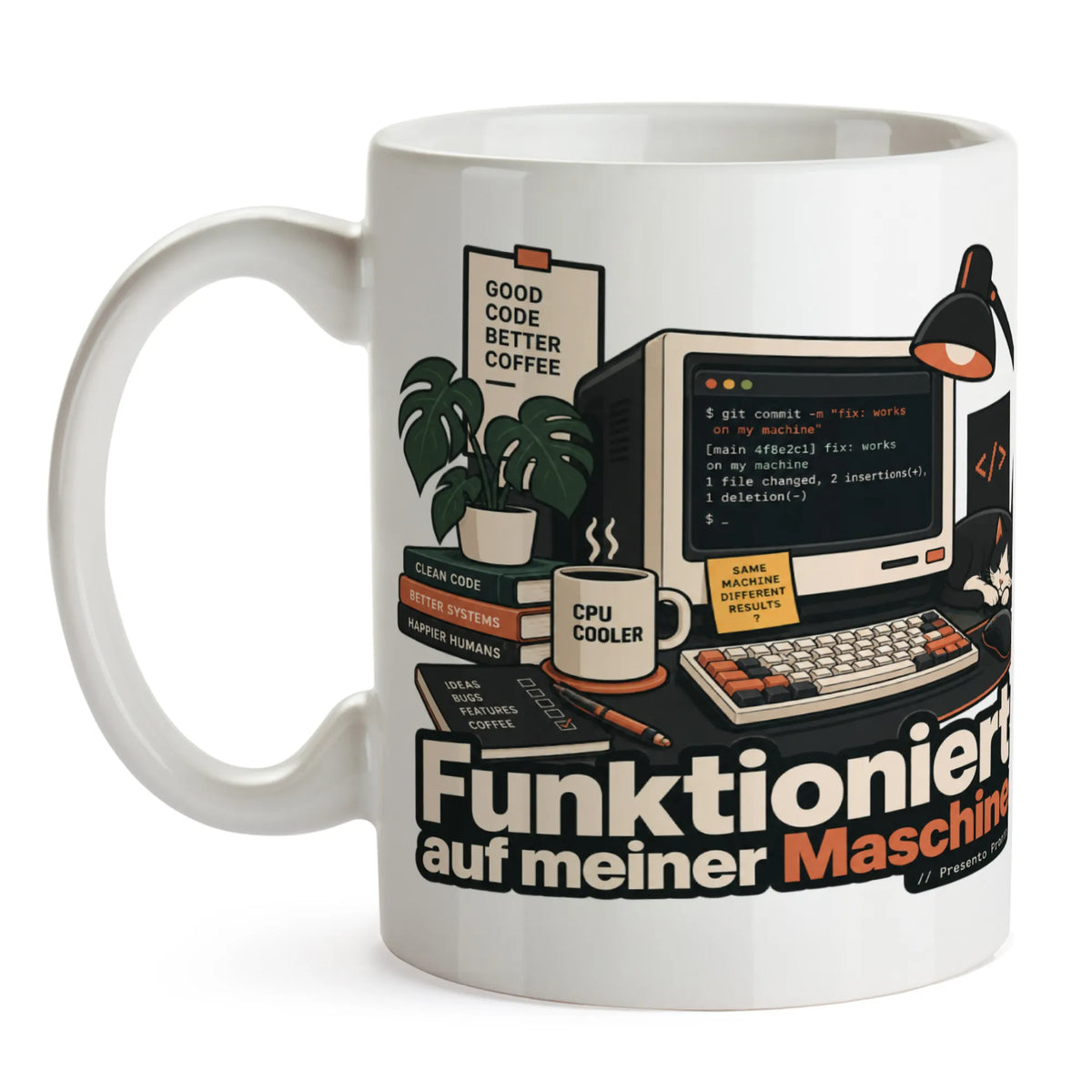Lustige Tasse für Informatiker mit Code und Espresso