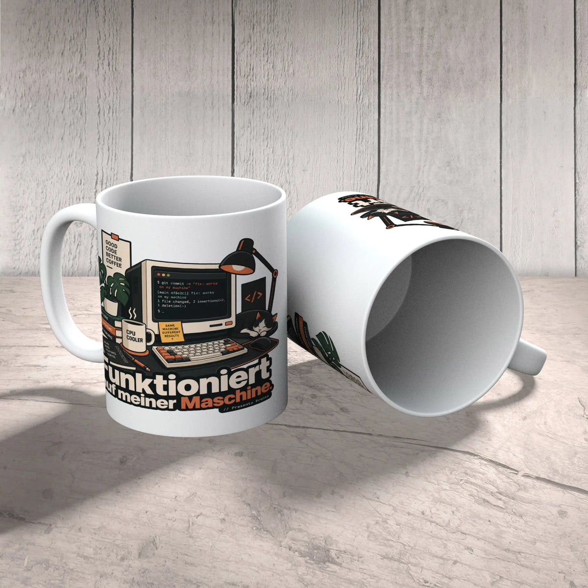 Lustige Tasse für Informatiker mit Code und Espresso