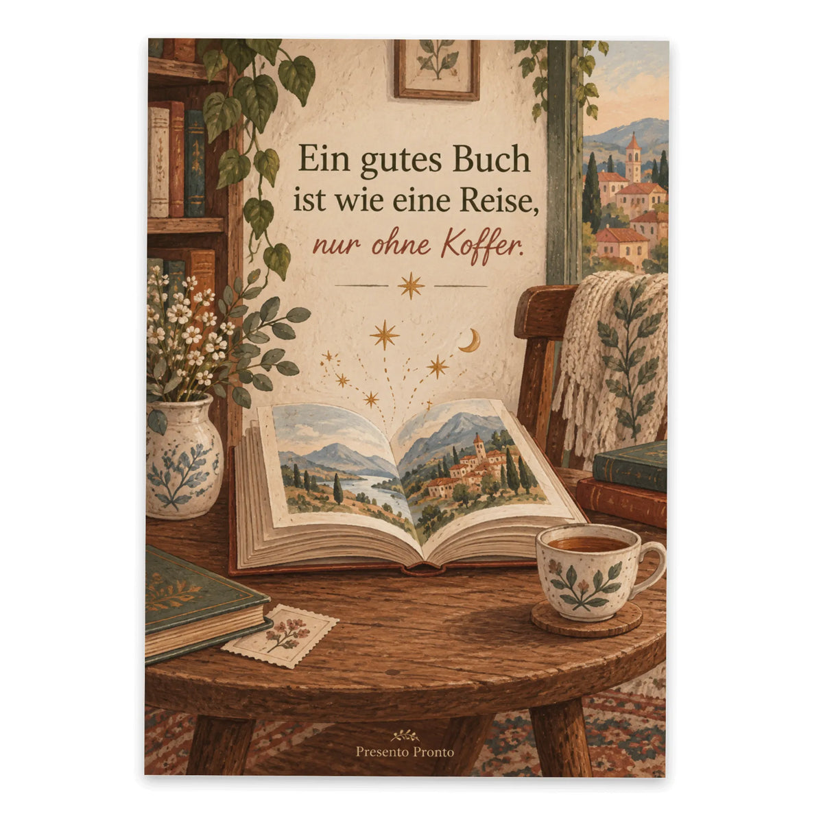 Gemütliche Postkarte für Buchliebhaber mit Teetasse