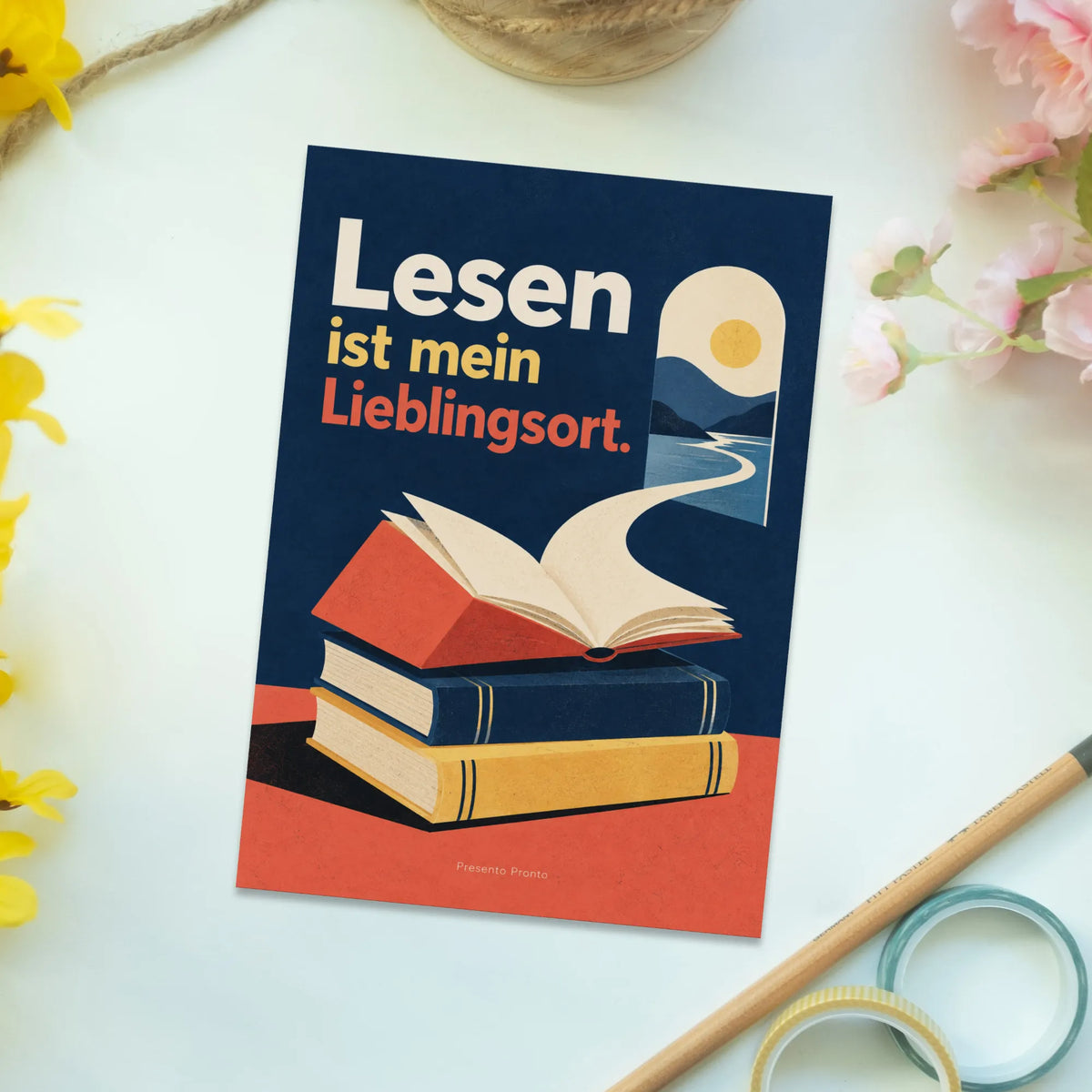 Schöne Postkarte für Buchliebhaber mit Bücherstapel