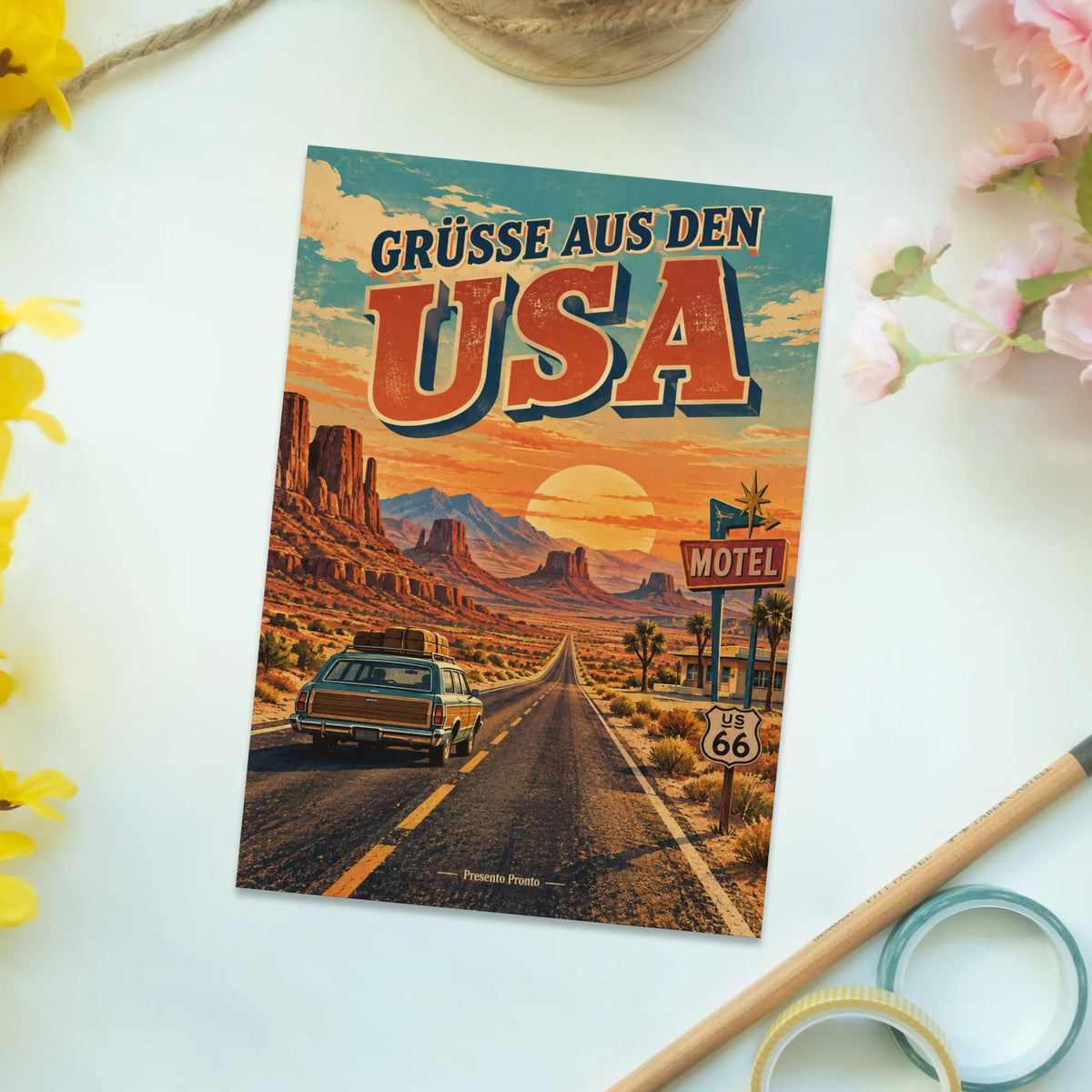 Nostalgische Postkarte aus den USA für Fans mit Oldtimer
