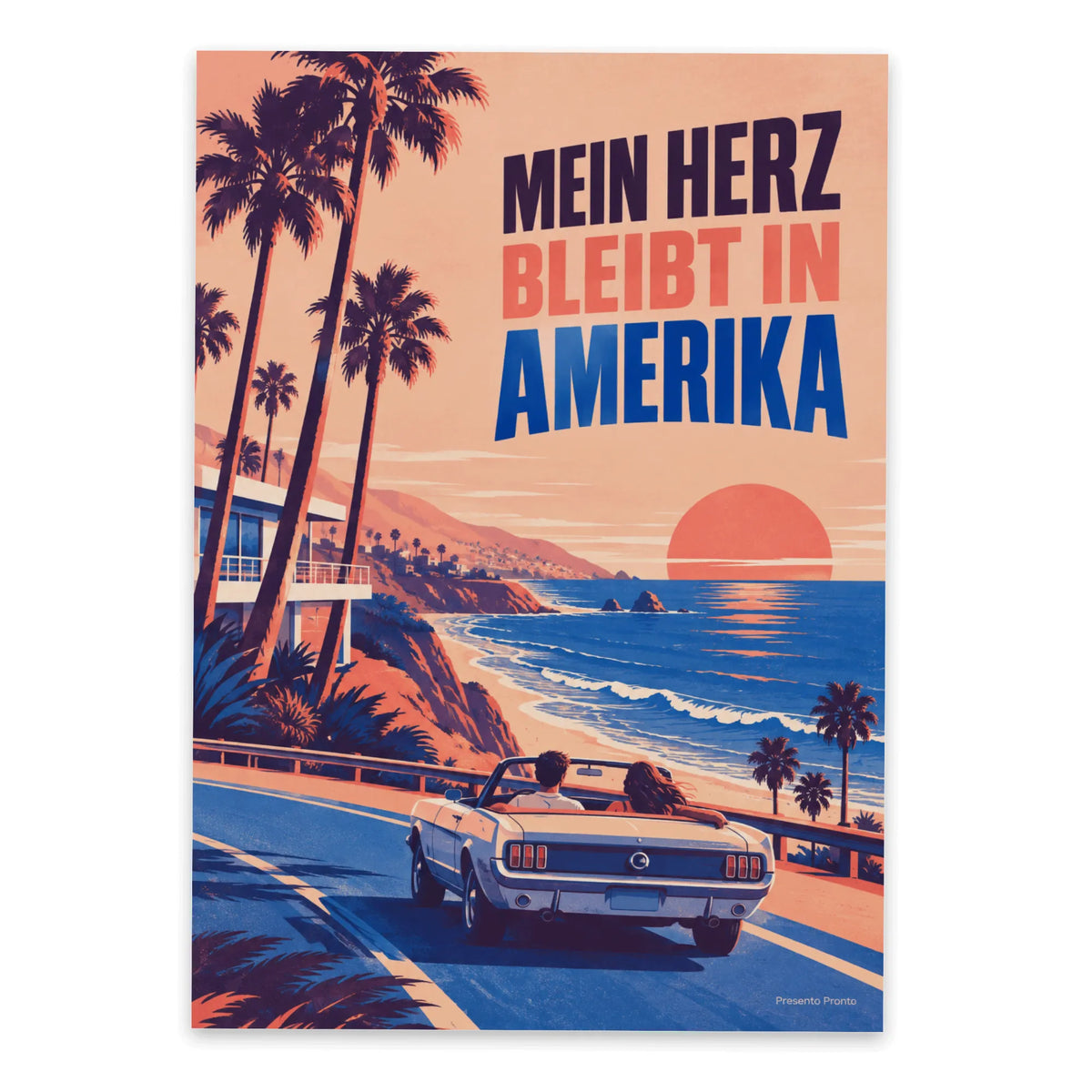 Sehnsuchtsvolle Postkarte USA für Amerika-Fans mit Cabrio