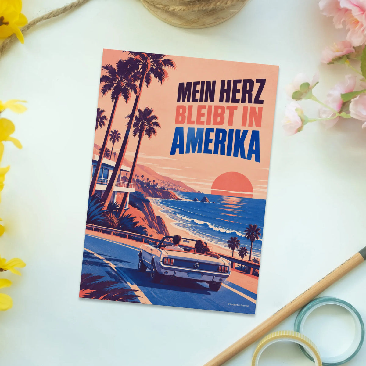 Sehnsuchtsvolle Postkarte USA für Amerika-Fans mit Cabrio