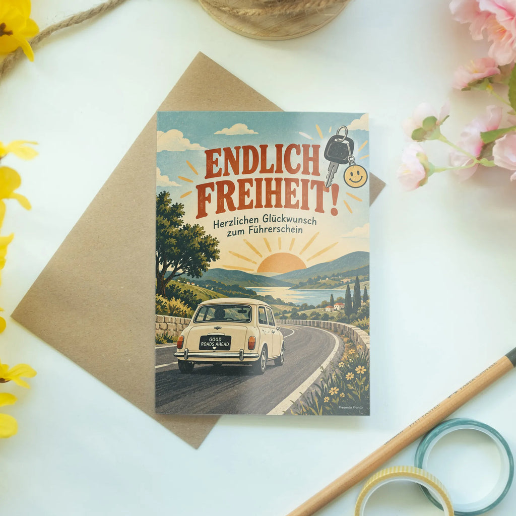 Fröhliche Glückwunschkarte zum Führerschein mit Retro-Auto|p:2017260|h:c6efc677466a831dab9ea7a6874ad69e