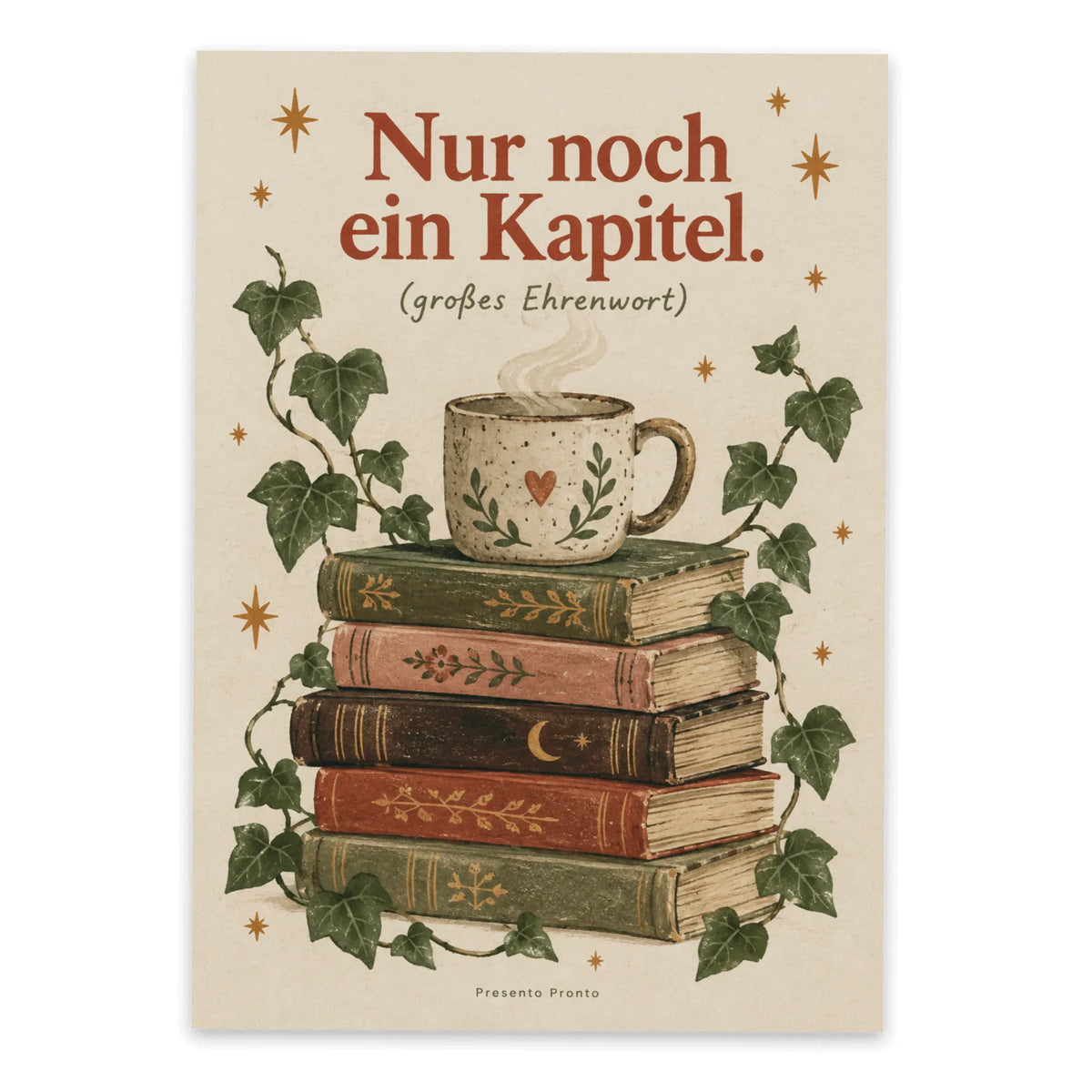 Lustige Postkarte für Bücherfreunde mit Bücherstapel