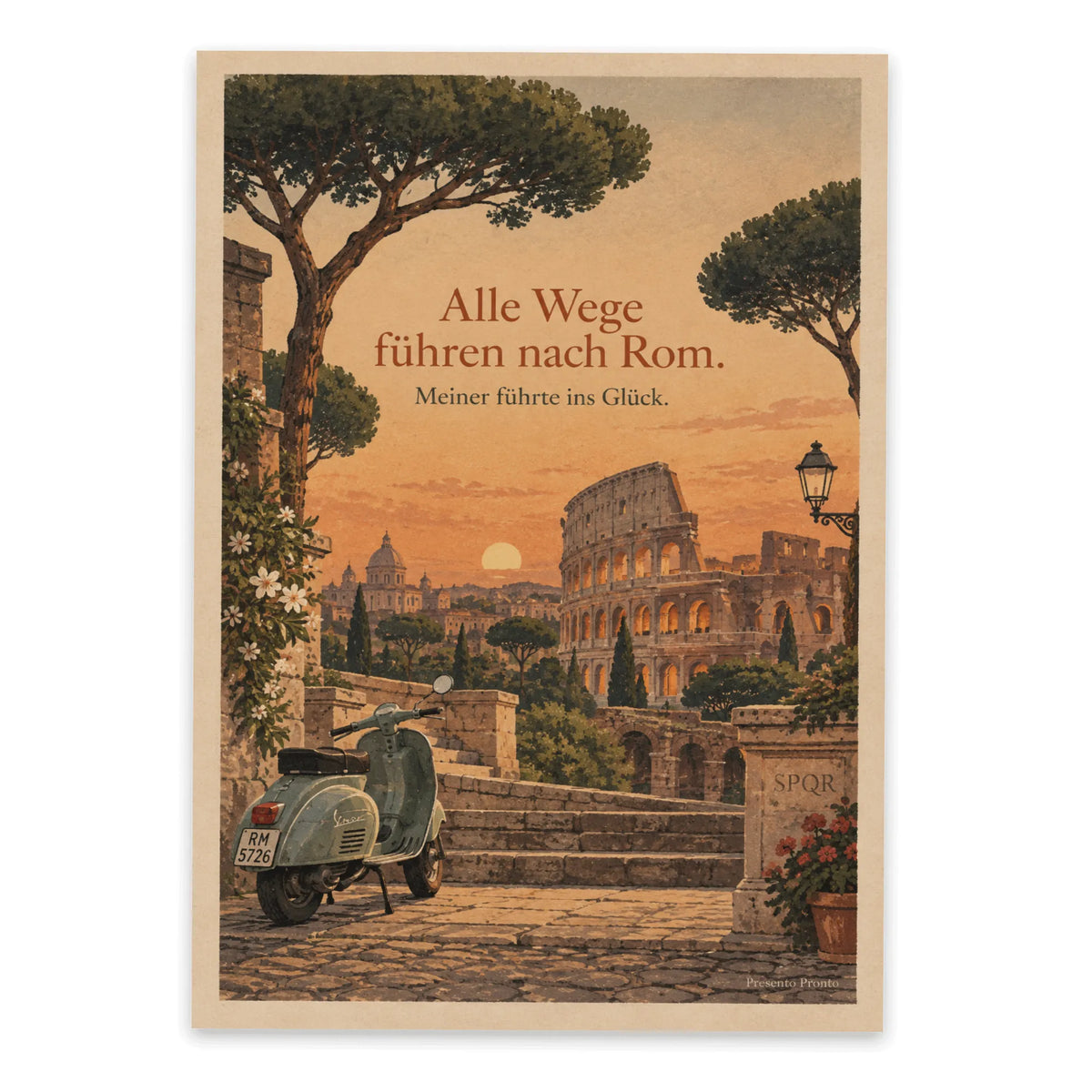 Romantische Postkarte für Romliebhaber mit Kolosseum und Vespa