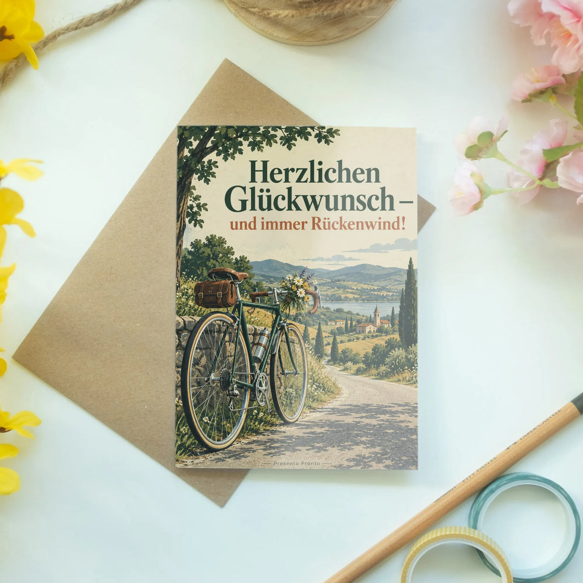 Elegante Glückwunschkarte mit Fahrrad und Wildblumen