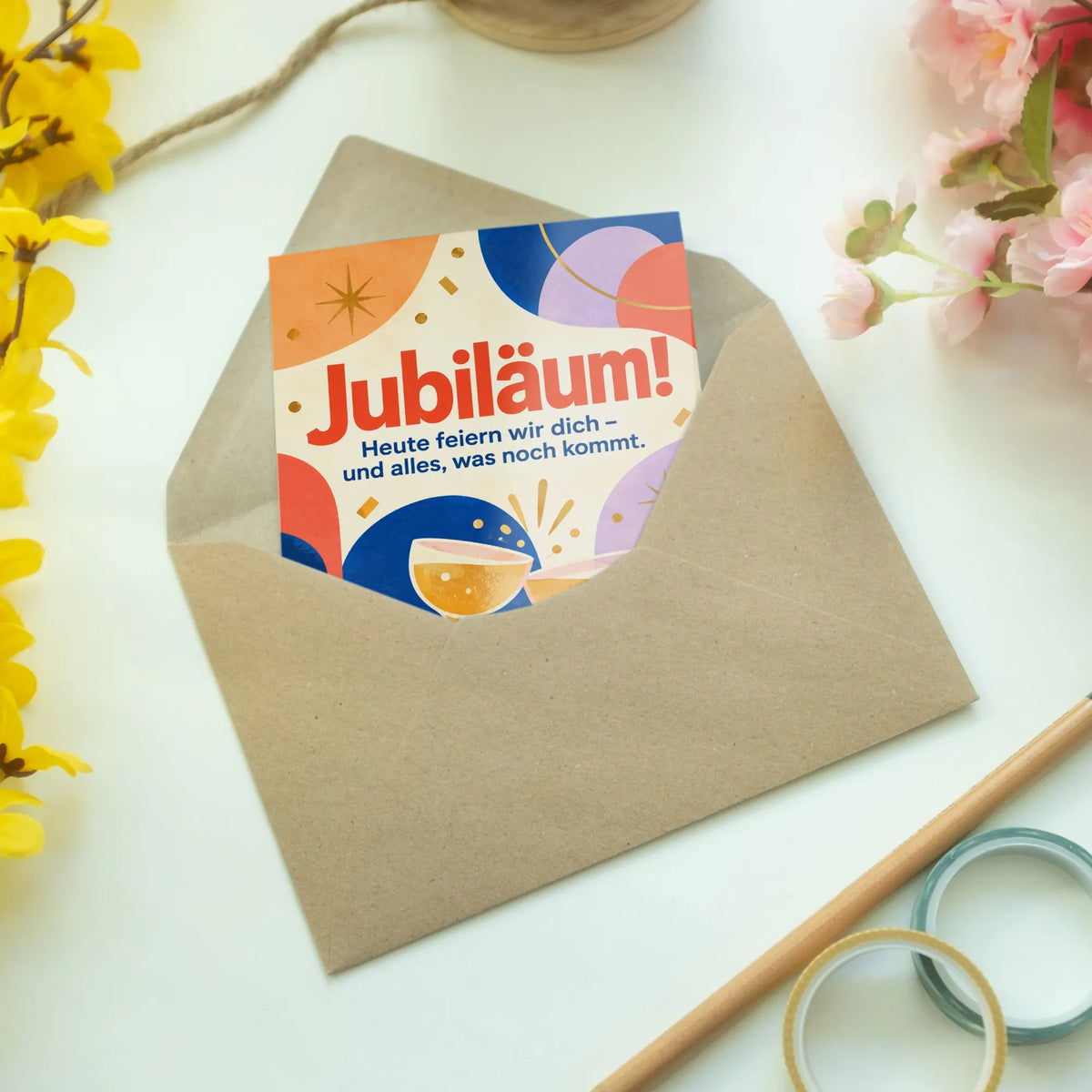 Fröhliche Glückwunschkarte zum Jubiläum mit Sternenstrahlen